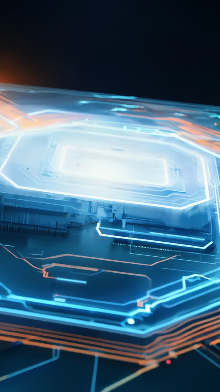 A computer chip with a blue and orange outline. The blue and orange colors give the impression of a futuristic, high-tech device Vertical video