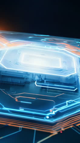 a computer chip with a blue and orange outline. the blue and orange colors give the impression of a futuristic, high-tech device vertical video