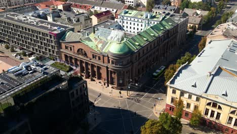 aerial shot of the bank of lithuania on a sunny day in kaunas, lithuania, parallax