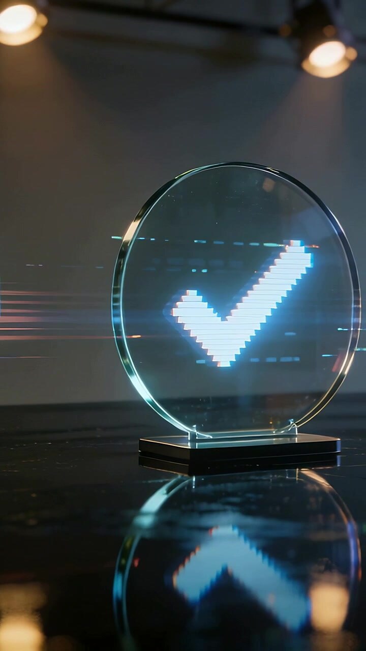 Vertical video: Glitching lines sparking glass plaque pulsing on black top, locking pixel check