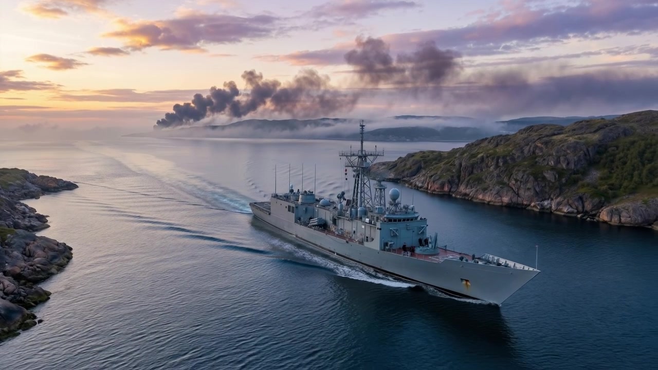 Militärisches Marineschiff fährt bei Sonnenuntergang mit Rauch durch einen engen Fjord.