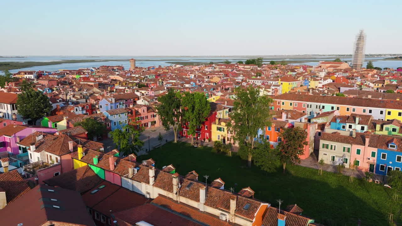Colorful Houses In Burano Island In The Venetian Lagoon, Northern Italy. - aerial shot