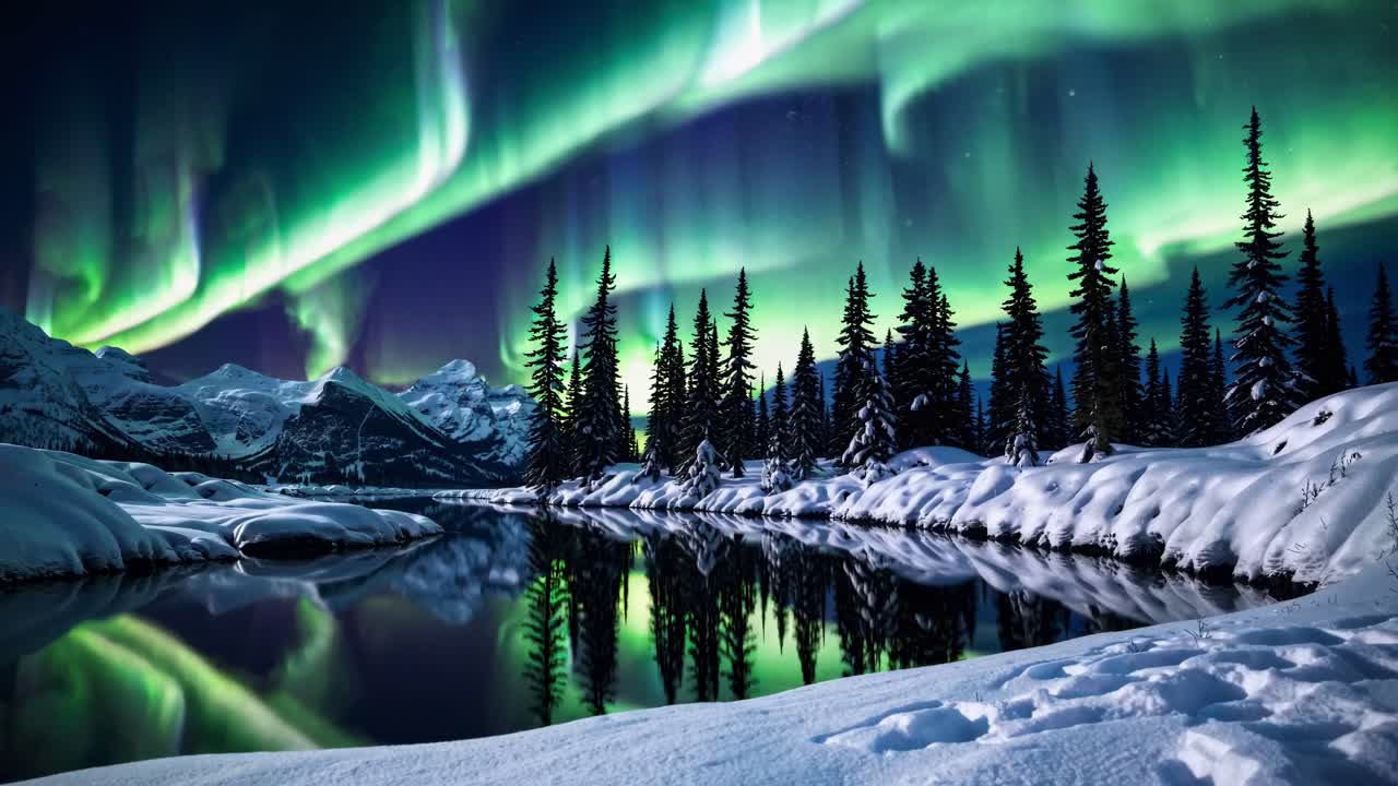A mesmerizing wide-angle video captures the Northern Lights over a snowy landscape
