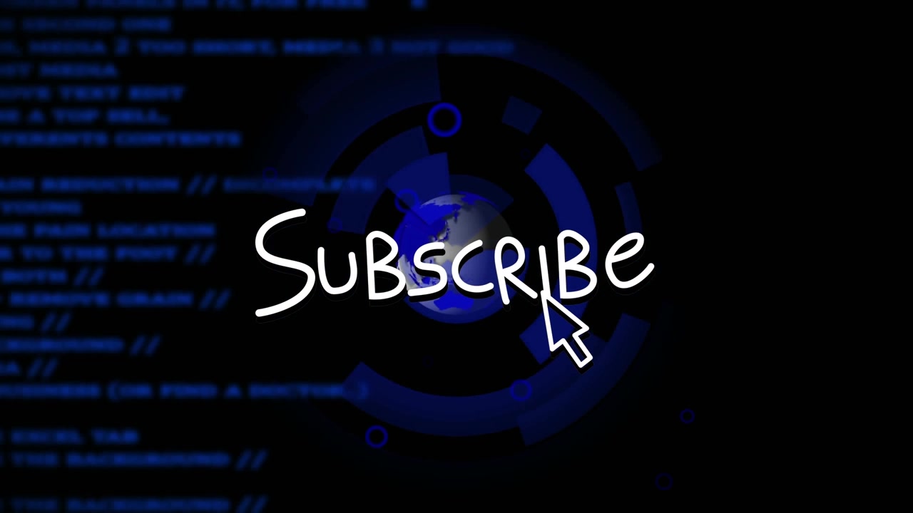 Animazione del testo 'iscriviti' sopra un globo e elaborazione dati su sfondo nero.