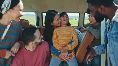 multiracial family, talking and van on road trip