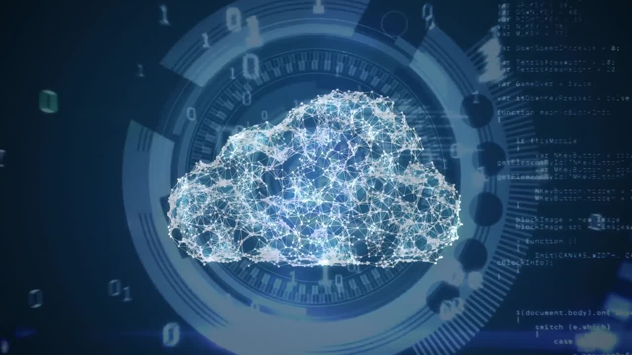 Animation of digital clouds over blue background with binary code