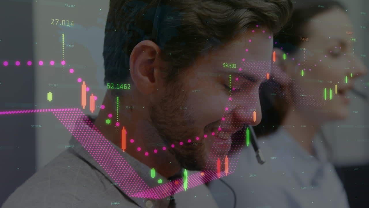 Animation of financial data processing over diverse business people with headsets