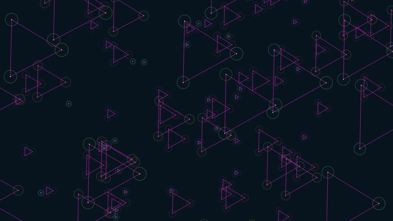 летающие футуристические треугольники геометрической формы с неоновыми точками на темном градиенте