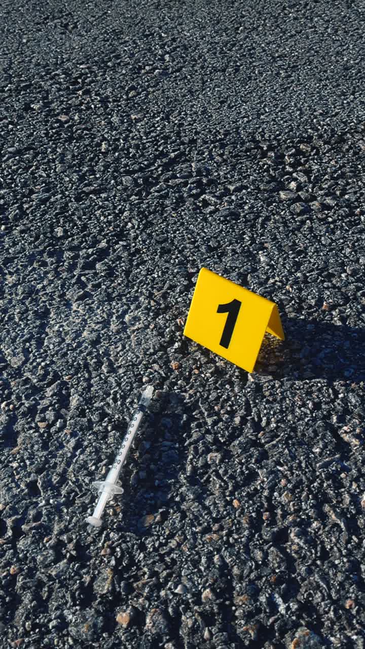 Marcatore di prova giallo numero uno posizionato accanto a una siringa usata e scartata sull'asfalto, che indica un potenziale reperto sulla scena di un crimine urbano all'aperto durante un'indagine.