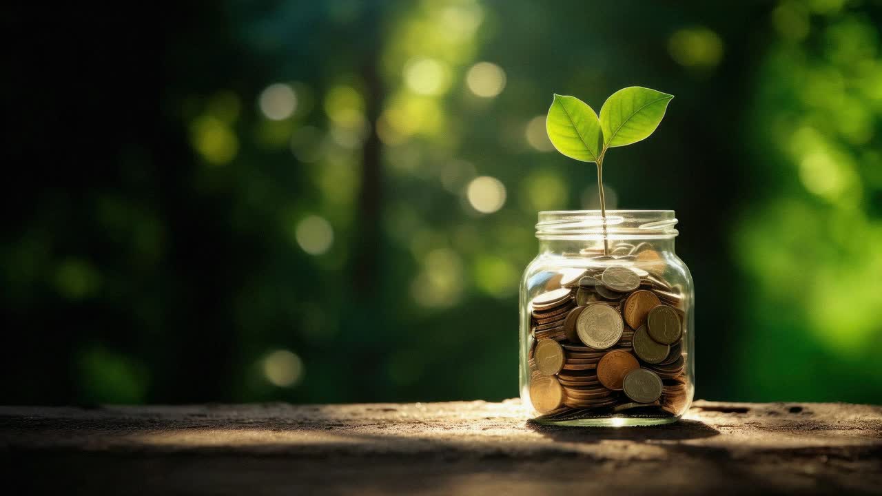 Close-up, eye-level shot of a jar filled with coins and a plant, symbolizing growth and savings
