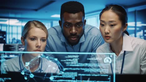 three professionals analyzing data in a high-tech office environment, focused on an interactive display of complex information and analytics trends