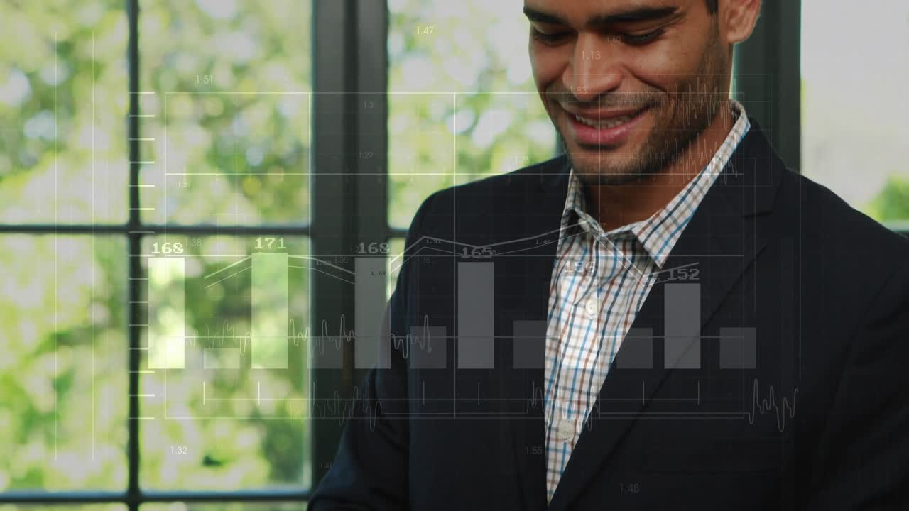 Man holding tablet scanning bar chart and line graph appearing for business analytics review