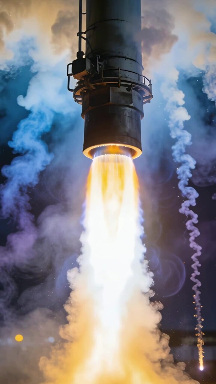 Vertical video: Igniting rocket nozzle creating bright plume, colored vapor and sparks during test