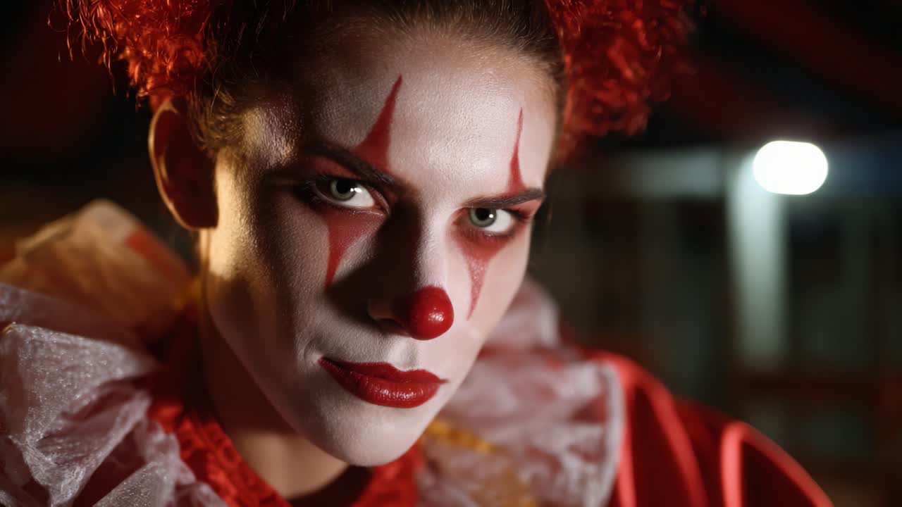 Intense Close-Up of a Clown with Striking Red Hair and Makeup, Capturing Eerie Expressions and Details, Perfect for Halloween or Horror Themes