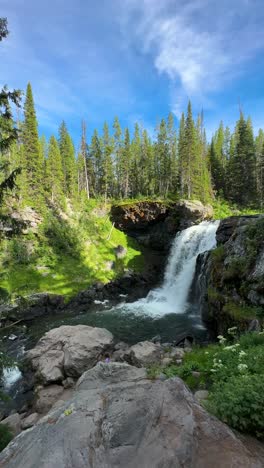 Vertical-4k,-Small-Waterfall-in-Idyllic-Green-Landscape-of-Yellowstone-National-Park,-Wyoming-USA