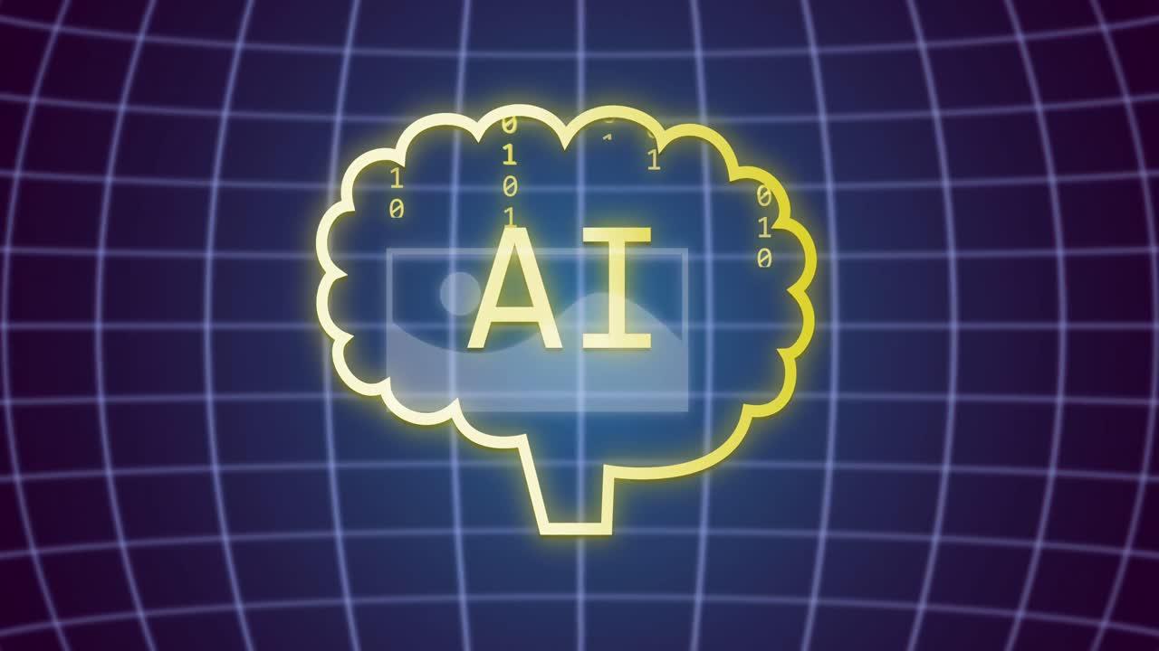 Animation of brain with ai text and binary coding over landscape icons