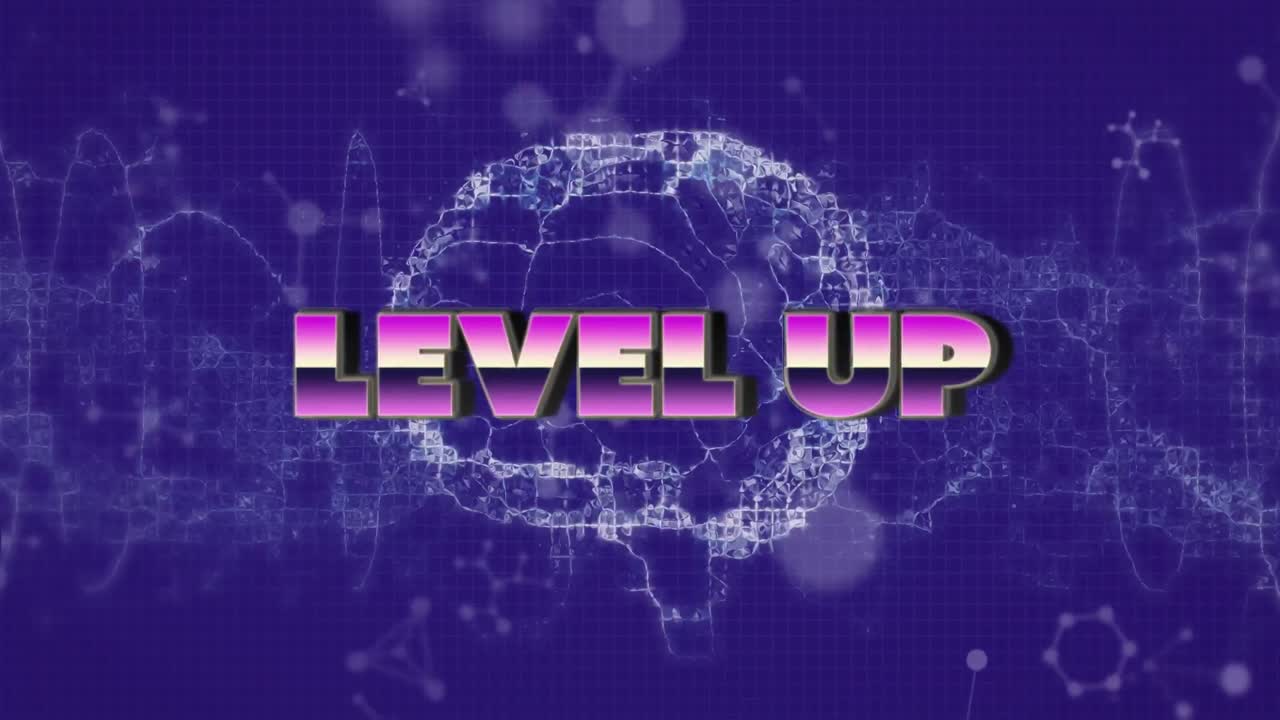 Animation of level up text over brain spinning on purple background