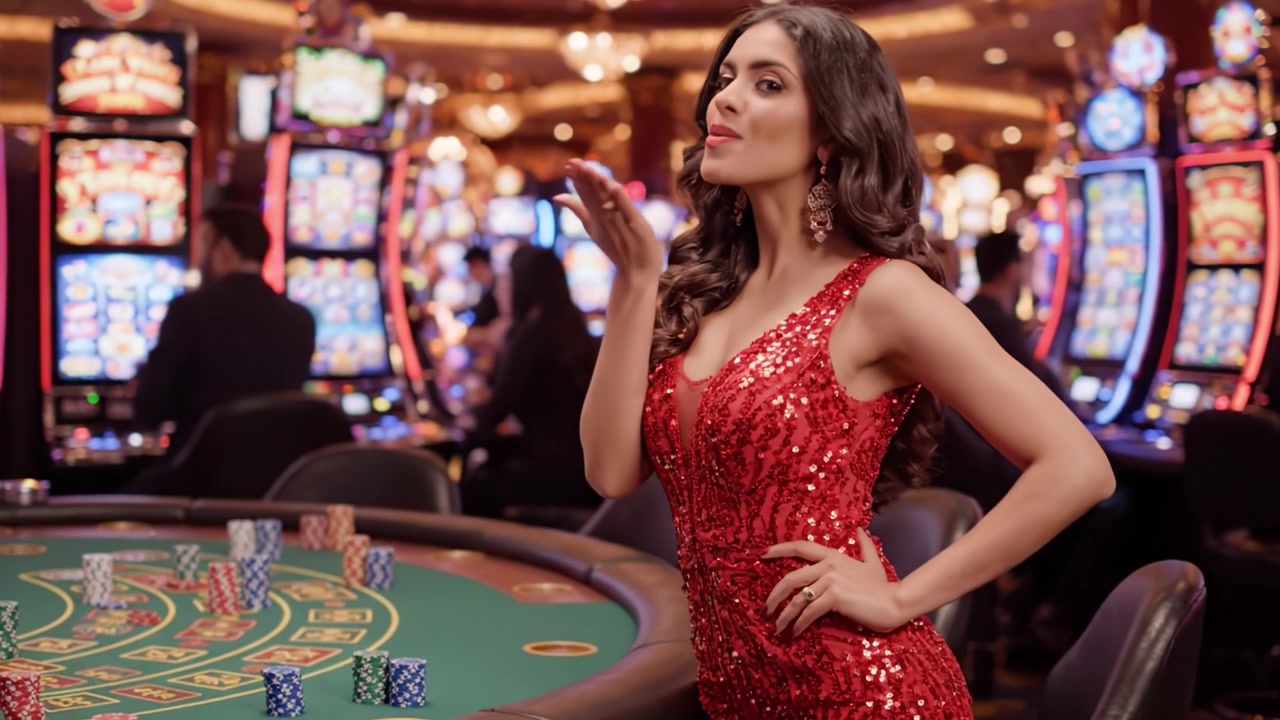 Una donna splendente in un abito rosso scintillante posa con sicurezza in un vivace casinò, circondata da slot machine colorate e giocatori entusiasti.