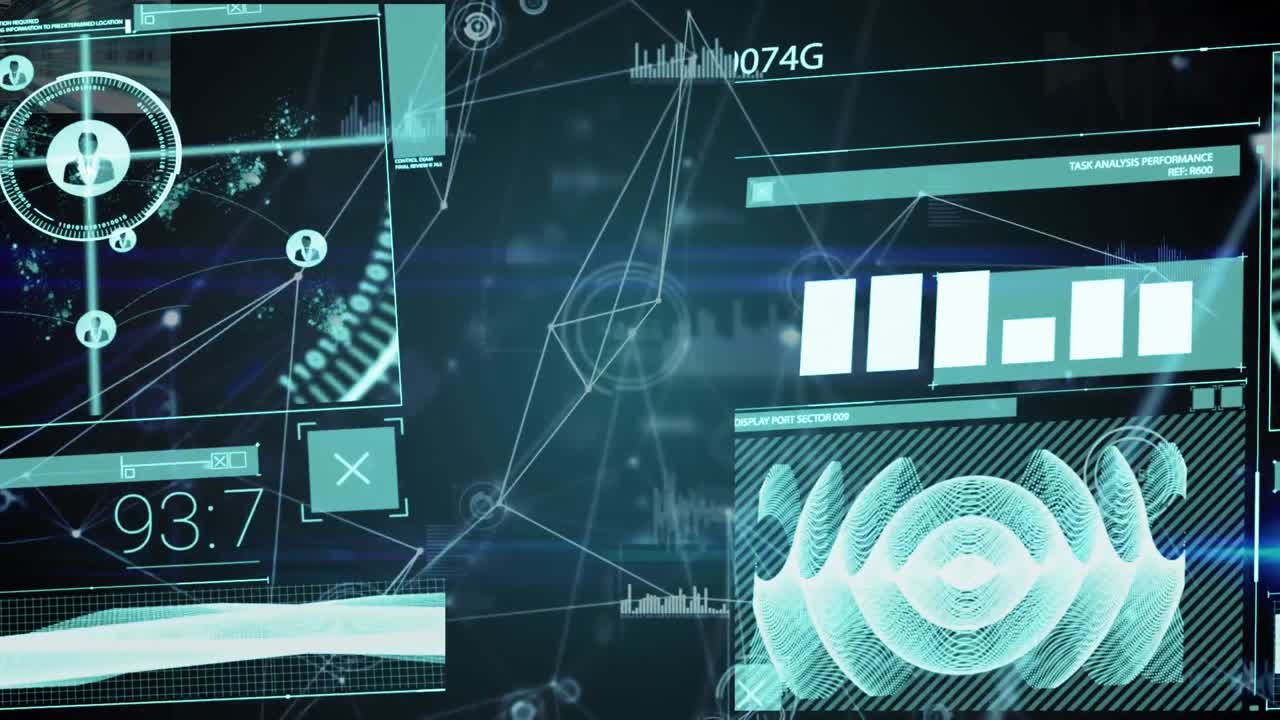 Animation of data processing over black background