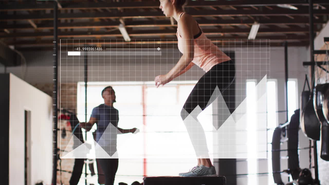 Jumping on box, woman with data graph overlay in gym animation setting