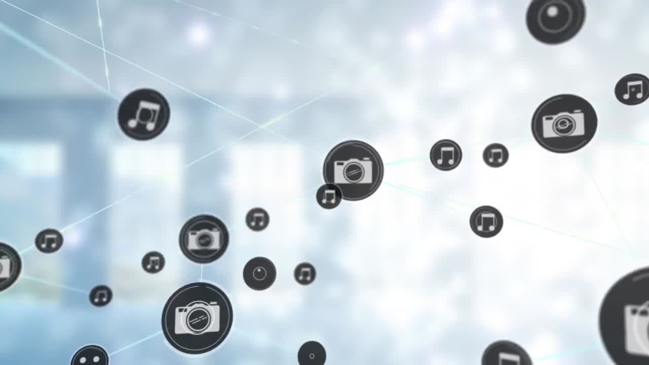 анимация икон камеры и музыки, соединенных линиями на абстрактном фоне.