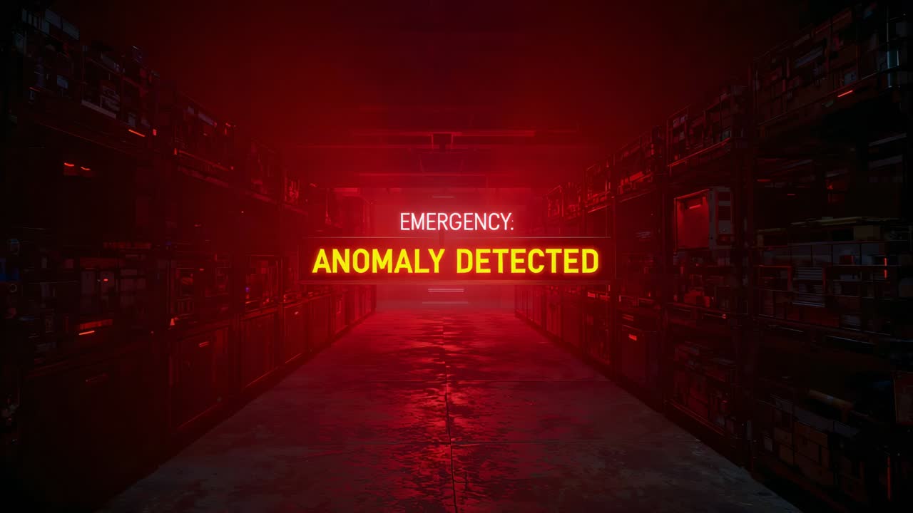 Flashing onscreen warning text appearing on alert, pulsing down rack aisle, signaling anomaly