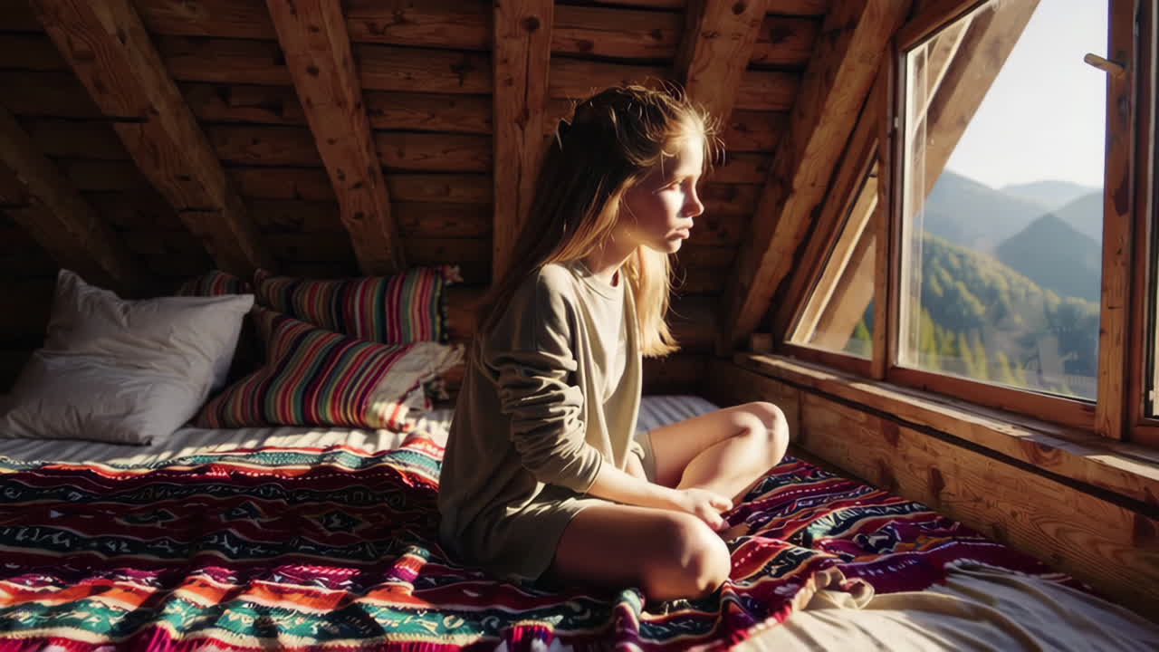 Young person sitting on a bed in a rustic attic room, looking out at a mountain landscape