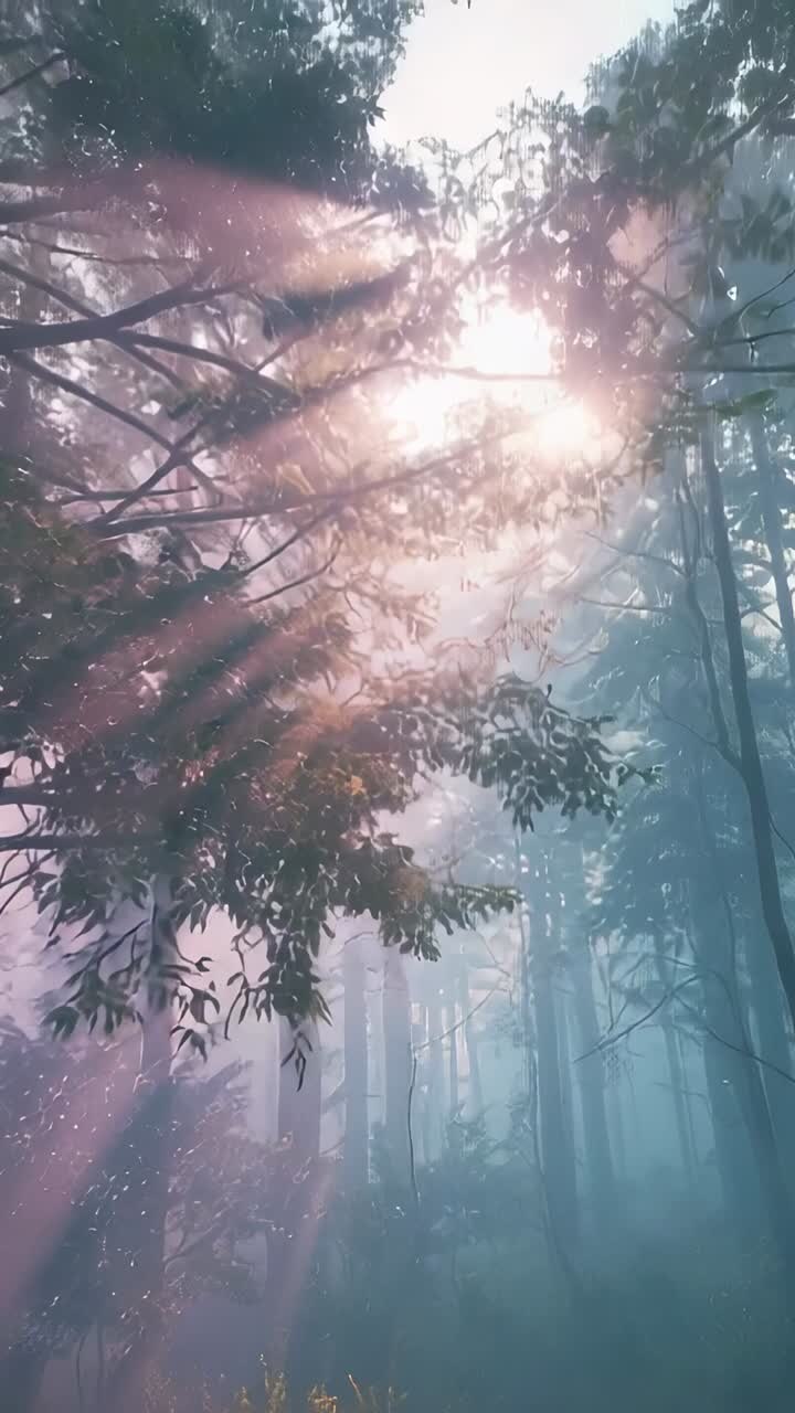 Vertical video: Panning camera upward through misty canopy at sunrise, revealing sunbeams on trunks