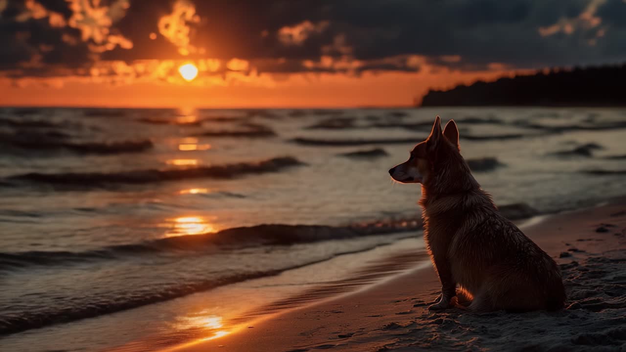 Una sera serena: un cane osserva il bellissimo tramonto sulle onde calme del mare, catturando l'essenza della pace e della bellezza naturale.