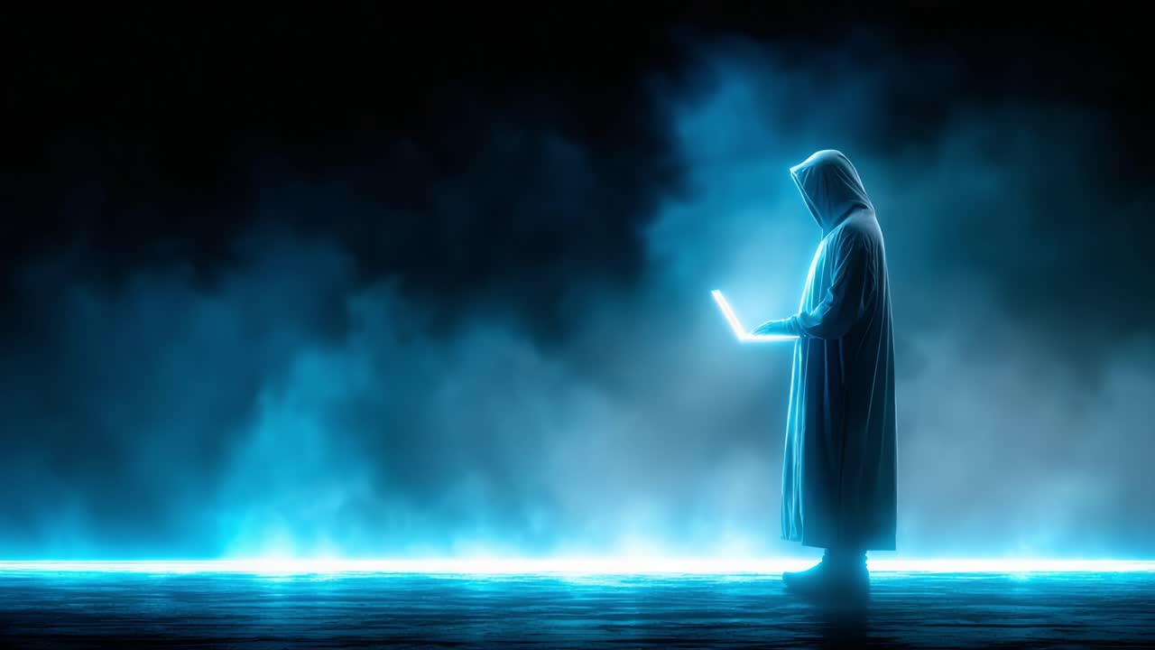 A Mysterious Figure in a Hooded Cloak Engaged with a Laptop, Surrounded by Ethereal Blue Light and Fog, Creating an Enigmatic and Atmospheric Scene