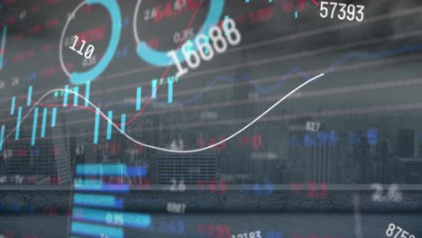 Animation-Der-Statistischen-Und-Börsendatenverarbeitung-Vor-Dem-Hintergrund-Einer-Luftaufnahme-Des-Stadtbildes