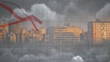 Animación-De-Múltiples-Gráficos-Que-Caen-Sobre-Nubes-Densas-Y-Paisaje-Urbano-Moderno-Contra-El-Cielo