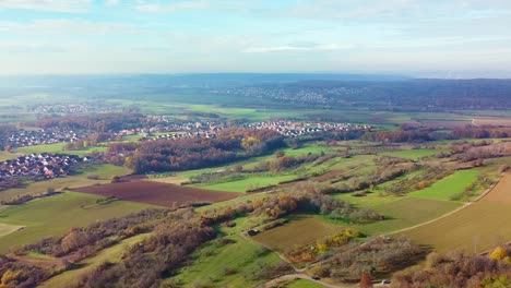 aerial view of and the small german villages and countryside near walberla plateau which is part of the veldenstein forest in upper franconian switzerland, germany