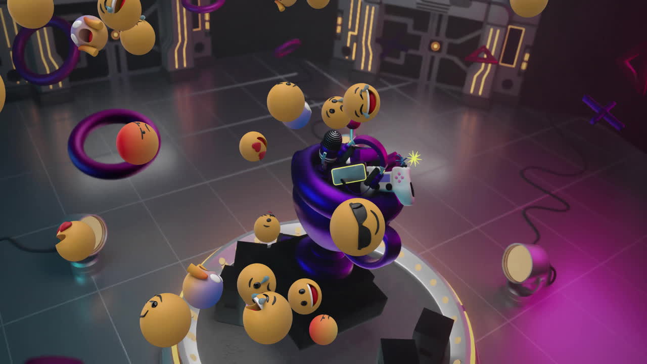 사이버 의 장치와 함께 컵 위에 에모지 아이콘과 모양의 애니메이션