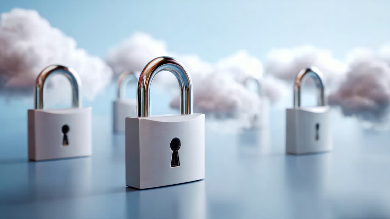 A Captivating Scene of Multiple Padlocks Amidst Soft Clouds, Presenting Themes of Security, Protection, and the Concept of Locking Away Secrets in a Dreamy Atmosphere