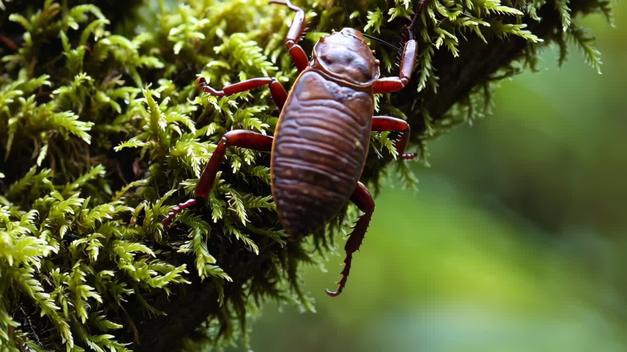 Brown insect on moss-covered branch in a forest