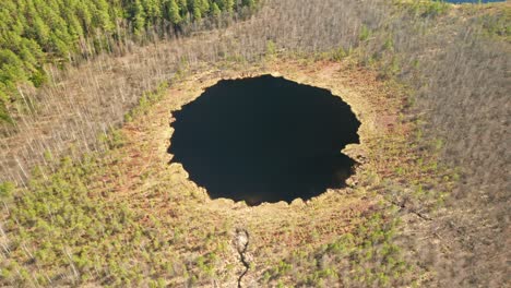 aerial: rotating shot of round deep blue lake in forest on sunny day