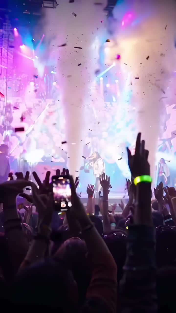 Scena video dinamica di un concerto con coriandoli, luci vibranti e una ripresa della folla dal basso