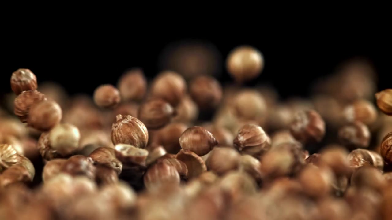 Coriander Seeds Falling in Slow Motion on Black Background