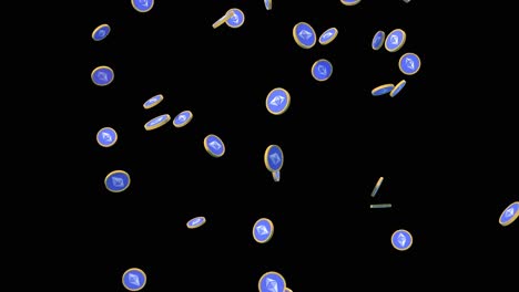 monedas con el signo de la criptomoneda ethereum cayendo sobre un fondo negro, animación 3d