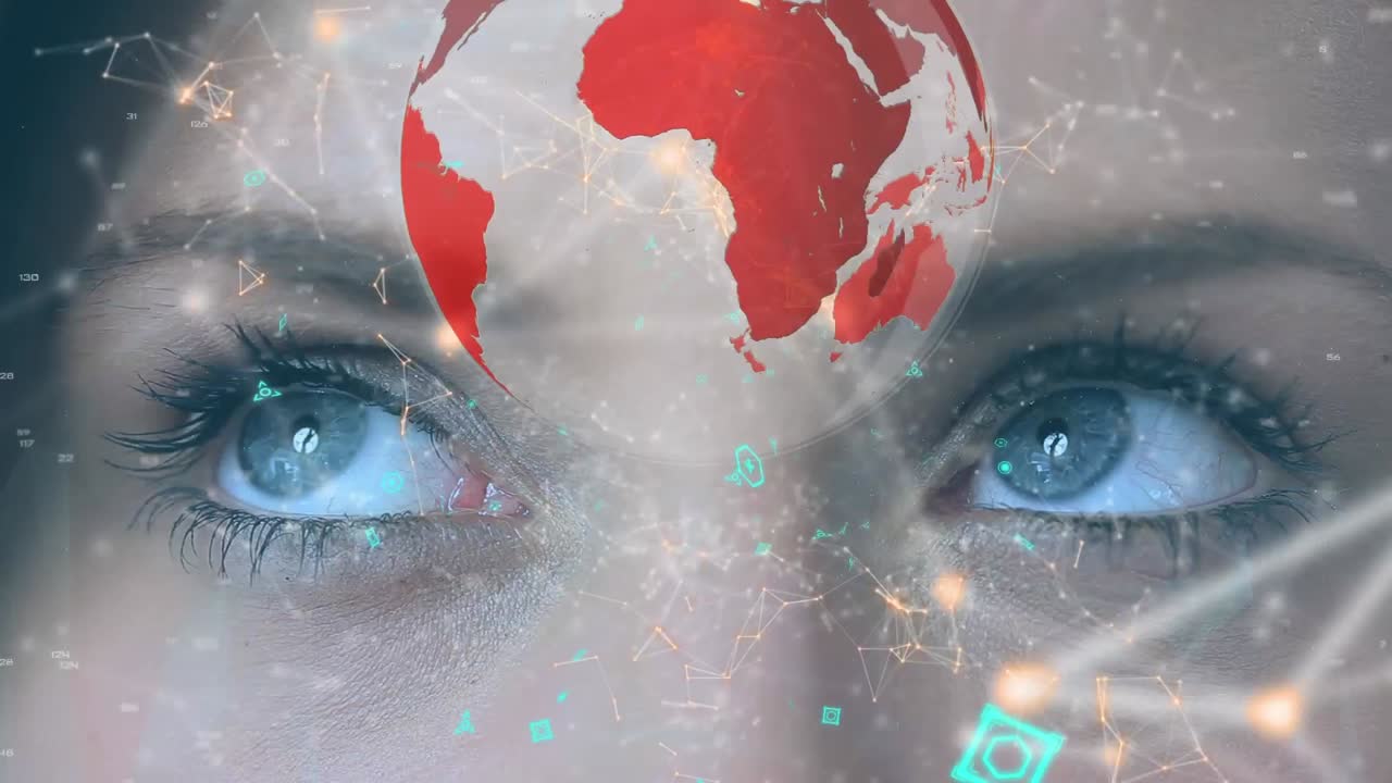 Par de olhos e um globo com linhas assimétricas e símbolos futuristas