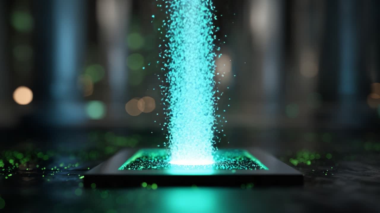 A mesmerizing stream of glowing particles emerges from a sleek, illuminated platform, creating a captivating visual display in a mysterious, ethereal setting