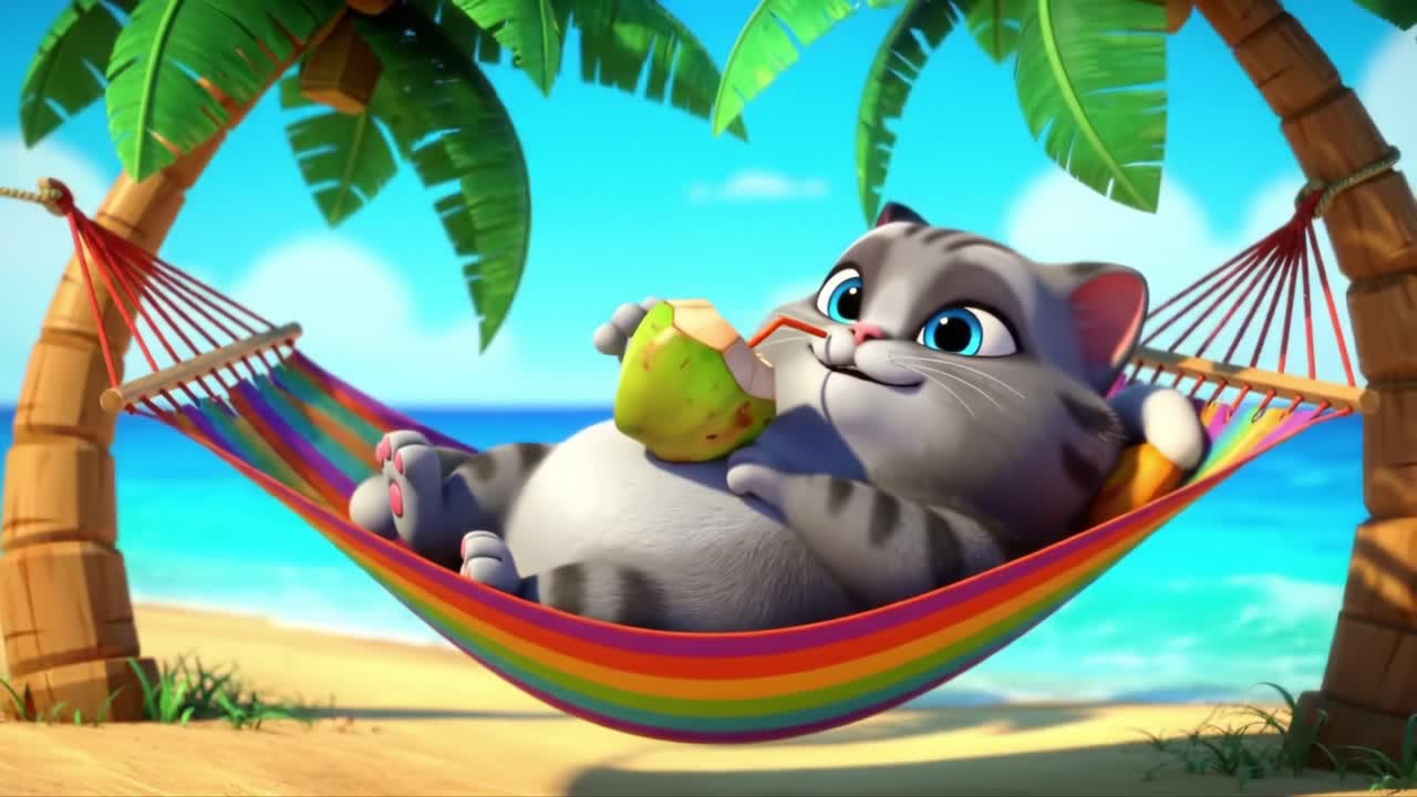 A Cozy Cartoon Cat Enjoys a Relaxing Day on the Beach, Sipping Coconut Water While Lounging in a Colorful Hammock Surrounded by Palm Trees