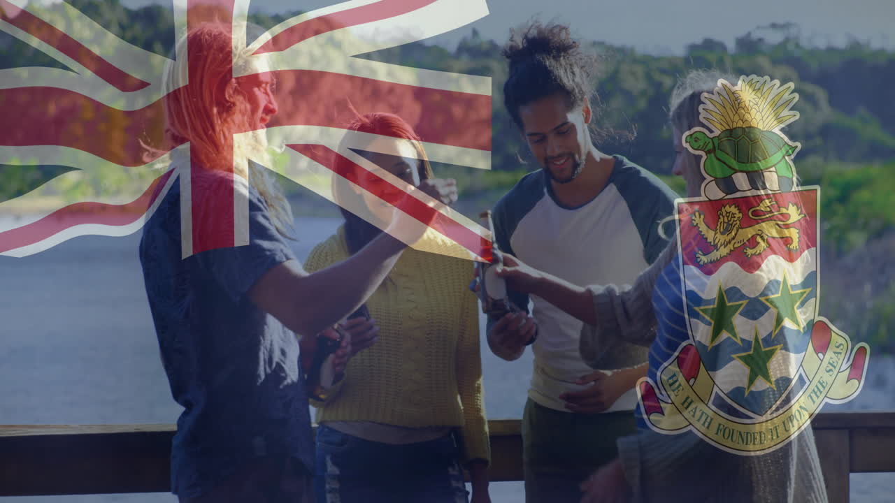 Holding drinks outdoors, people with Cayman Islands flag overlay in animation
