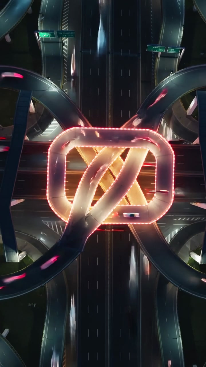 Vertical video: Sequence opening on luminous knot at night, cars on ramps making streaks for flow