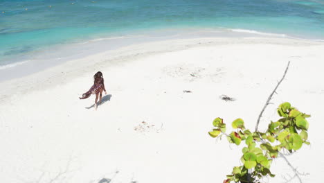 aerial - tourist woman in sarong on tropical beach walks towards turquoise caribbean waters