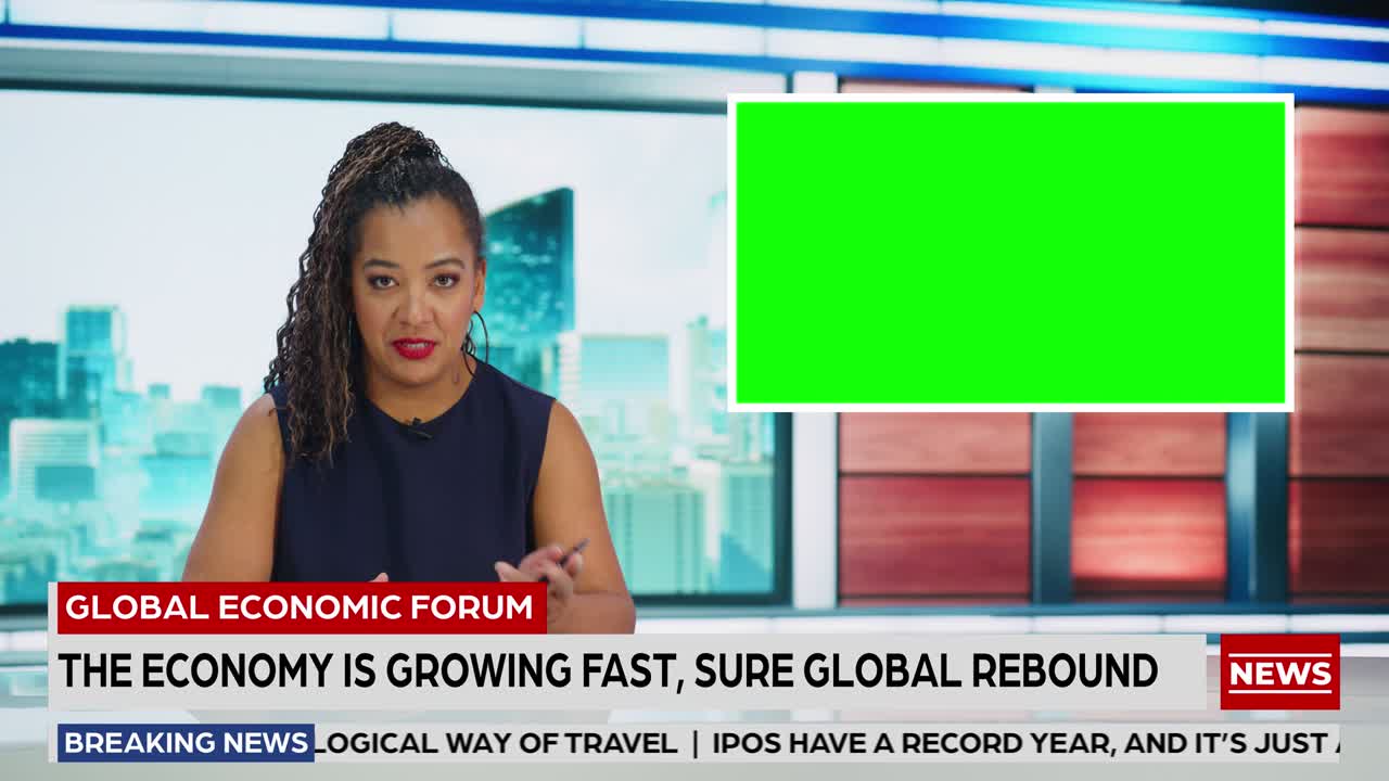 TV Studio Live News Program: Black Female Presenter Reporting, Green Screen Chroma Key Screen. Television Cable Channel Anchor Talks. Network Broadcast Newsroom Studio TV Show. Mockup Playback