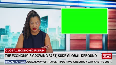 tv studio live news program: black female presenter reporting, green screen chroma key screen. television cable channel anchor talks. network broadcast newsroom studio tv show. mockup playback