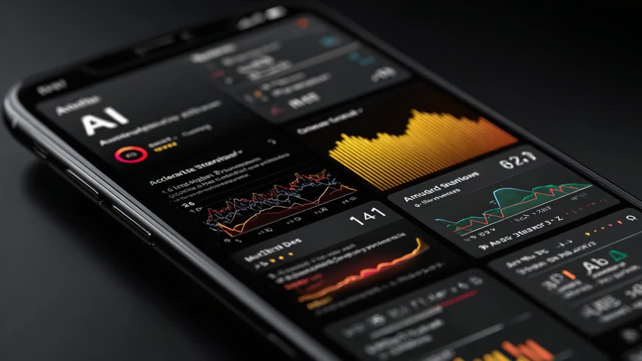 A Smartphone Displaying Advanced AI Data Analytics with Visual Graphs and Metrics on a Sleek Black Background for Enhanced Insight Evaluation