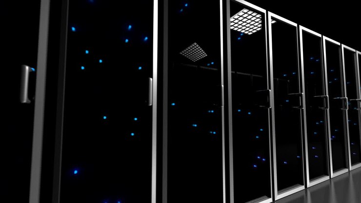 Data center servers glass fronted flashing lights tracking shot centre 4K